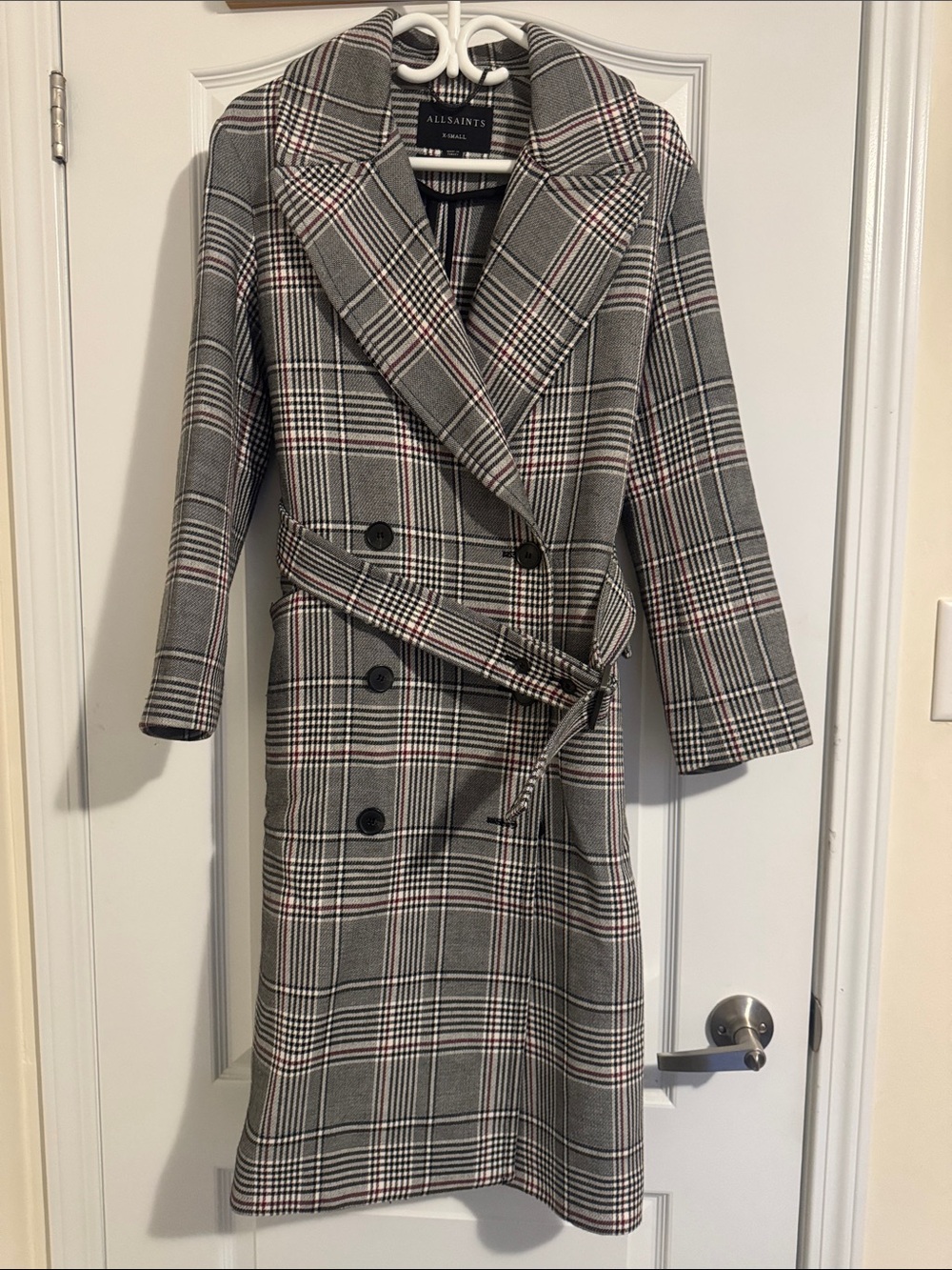 AllSaints Gray Plaid Double-Breasted Trench Coat